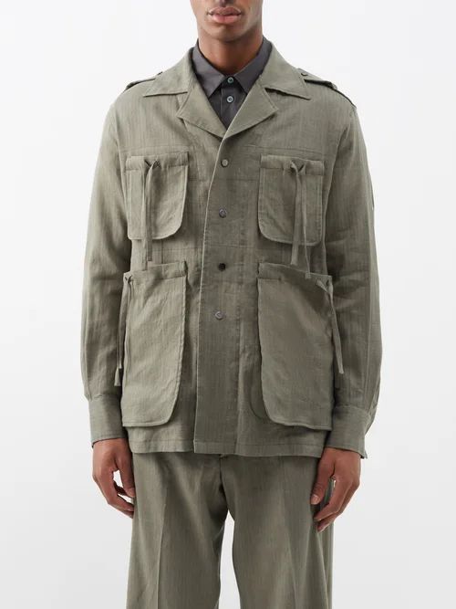 Bush Drawstring-pockets Linen-blend Overshirt - Mens - Khaki