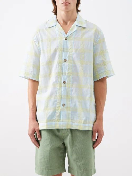 Bakoven Grid-print Organic-cotton Shirt - Mens - Yellow Multi