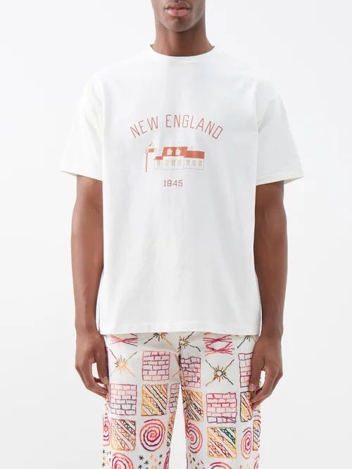 New England-print Cotton-jersey T-shirt - Mens - White