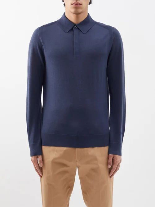 Merino Long-sleeved Polo Shirt - Mens - Blue