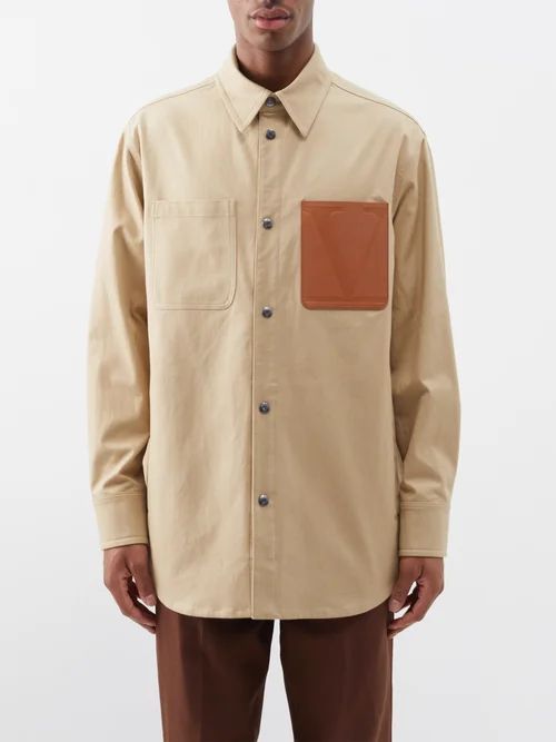 Leather-patch Cotton-blend Canvas Overshirt - Mens - Beige
