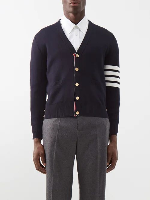 Milano Stitch Striped V-neck Cotton Cardigan - Mens - Navy