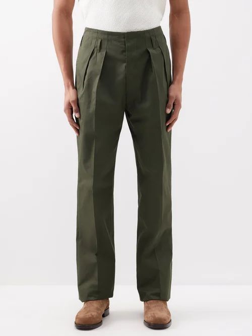 Gustavo Pleated Linen-twill Trousers - Mens - Dark Green