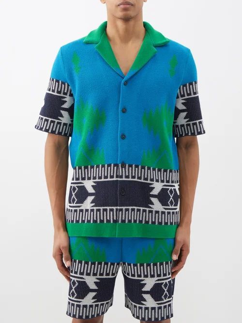 Geometric-jacquard Cotton-piqué Shirt - Mens - Blue Multi