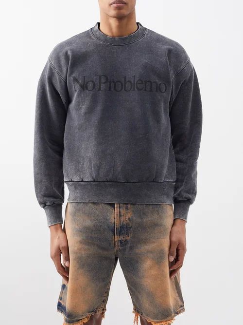 No Problemo-print Acid-wash Sweatshirt - Mens - Black