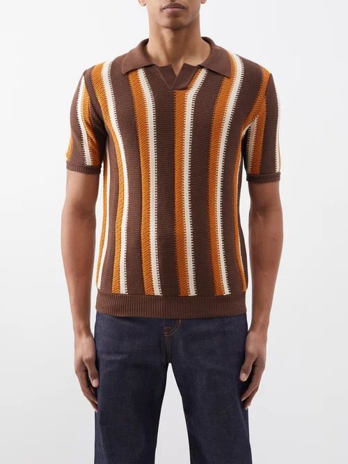 Roots Striped Cotton Polo Shirt - Mens - Brown Multi
