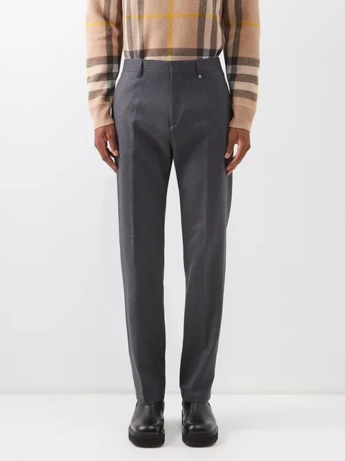 Logo-embroidered Pleated Wool Trousers - Mens - Dark Grey