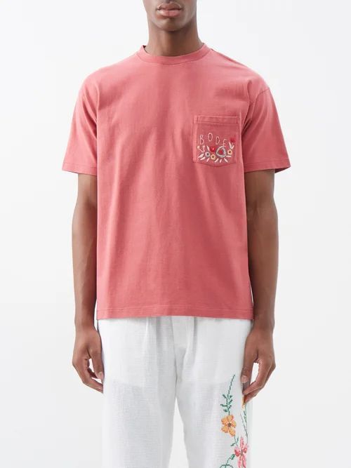 Rosette Embroidered Cotton-jersey T-shirt - Mens - Pink