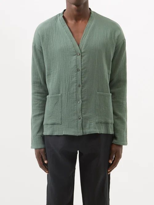 Verde V-neck Cotton-muslin Cardigan - Mens - Light Green