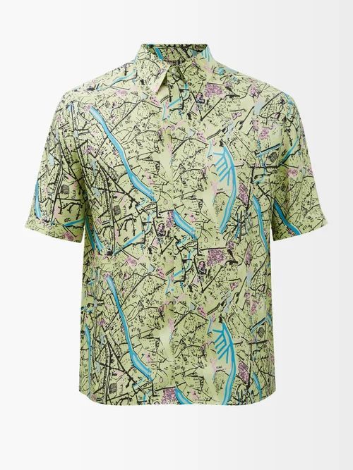 Map-print Silk-twill Shirt - Mens - Green Multi