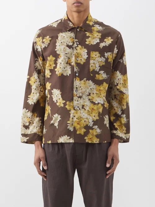 Daffodil-print Cotton-blend Habotai Shirt - Mens - Brown Multi