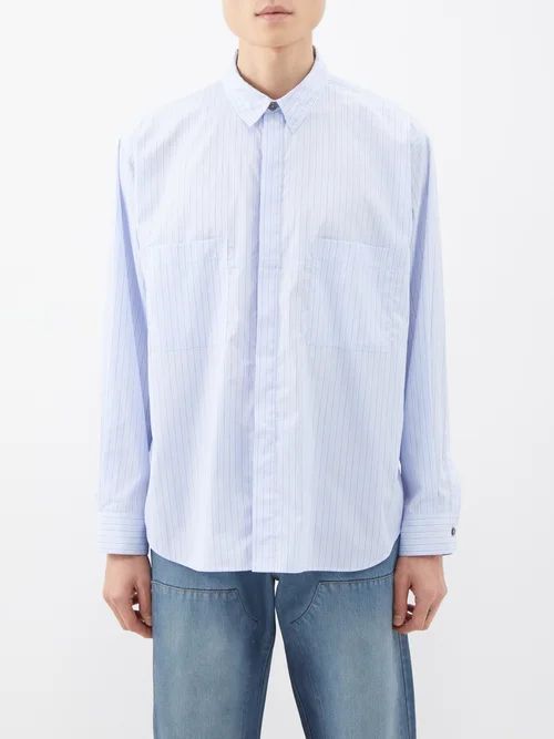 Patch-pocket Cotton Oversized Shirt - Mens - Light Blue