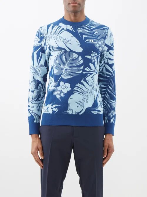 Percy Hibiscus-jacquard Cotton-blend Sweater - Mens - Navy