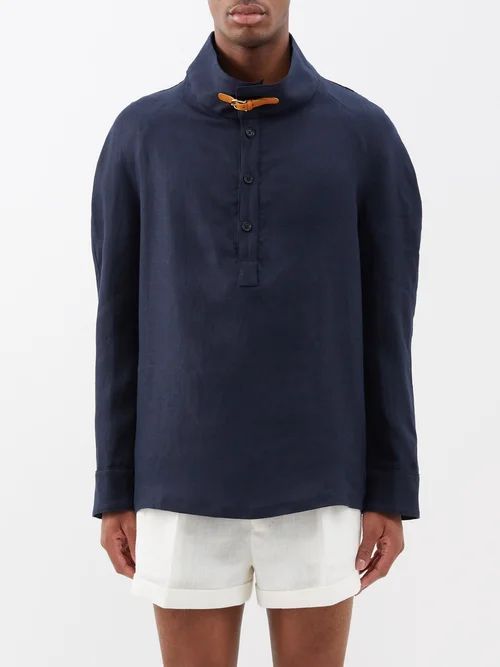 Raff Half-button Linen Shirt - Mens - Navy