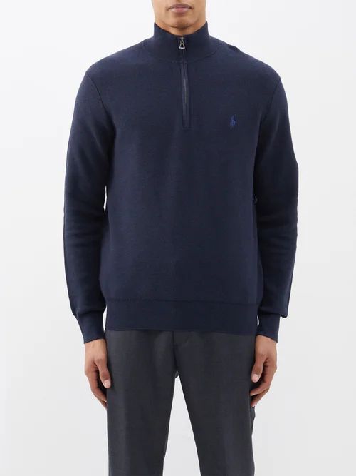 Logo-embroidered Half-zip Cotton-piqué Sweatshirt - Mens - Navy