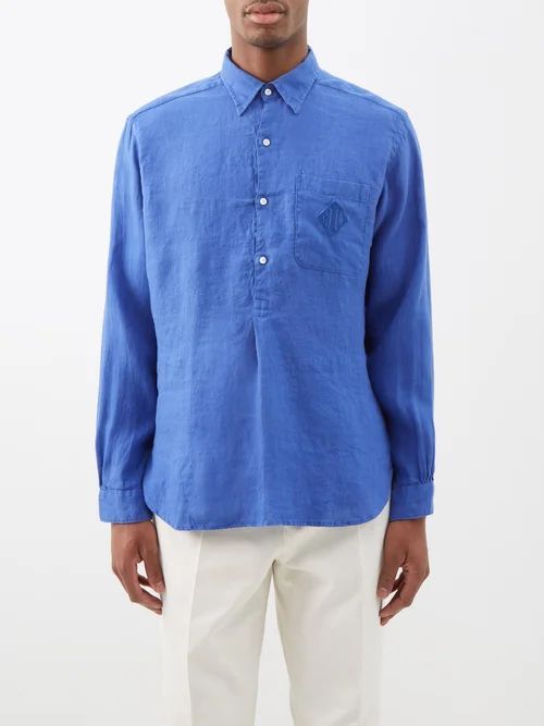 Half-button Monogram-embroidered Linen Shirt - Mens - Blue