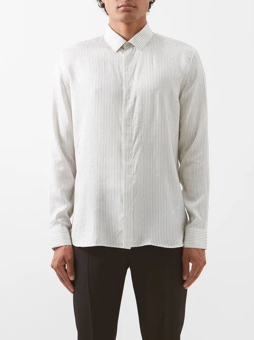 Concealed-placket Striped Cotton-poplin Shirt - Mens - White Black
