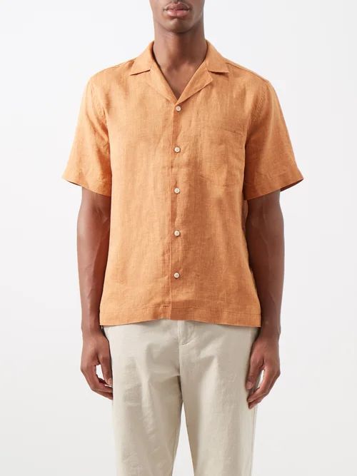 Angelo Cuban-collar Linen Shirt - Mens - Brown