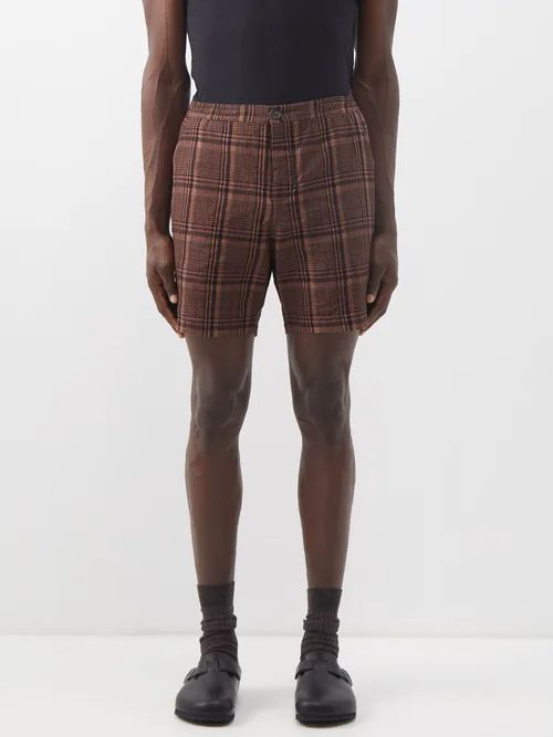 Osbourne Check Linen And Cotton Hopsack Shorts - Mens - Brown
