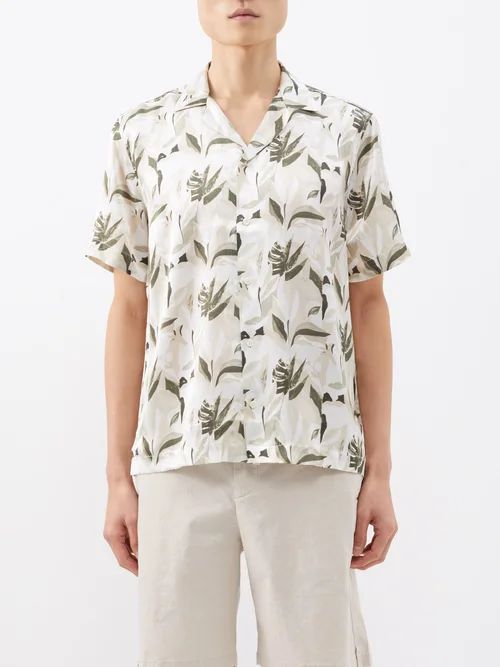 Roberto Leaf-print Linen Shirt - Mens - Brown Multi