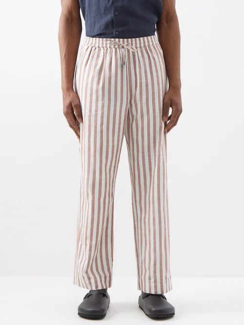 Striped Drawstring Cotton-blend Trousers - Mens - Brown Stripe