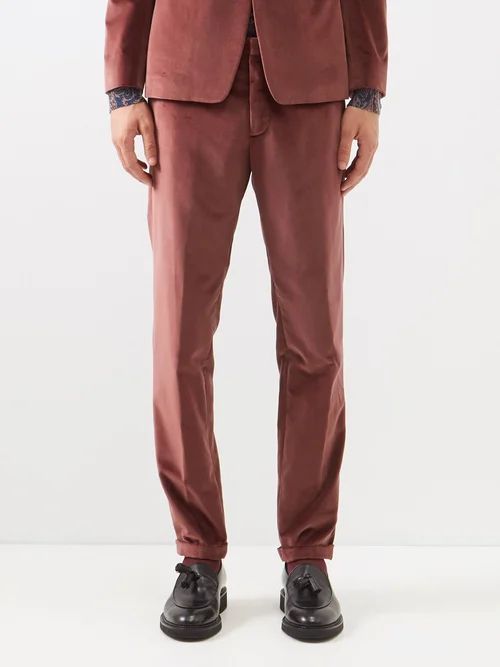 Flat-front Cotton-velvet Suit Trousers - Mens - Burgundy