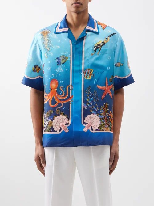 Ocean-print Silk Cuban-collar Shirt - Mens - Multi
