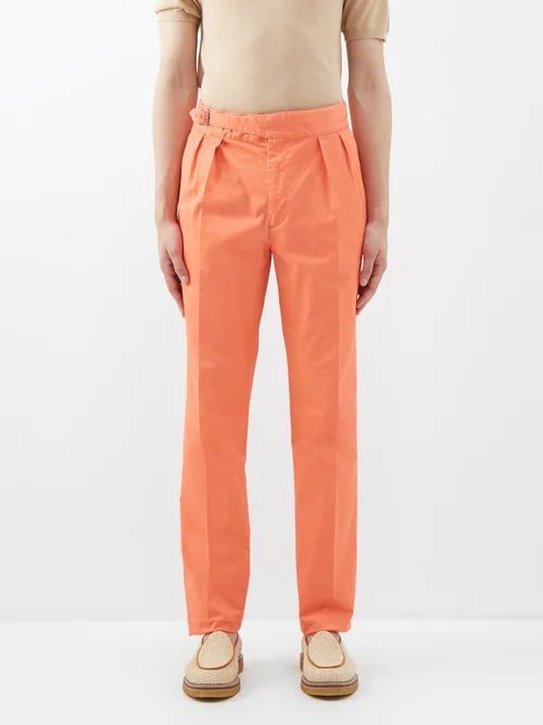 Byron Pleated Cotton-blend Chino Trousers - Mens - Orange