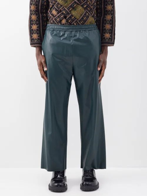 Elasticated-waist Faux-leather Trousers - Mens - Green