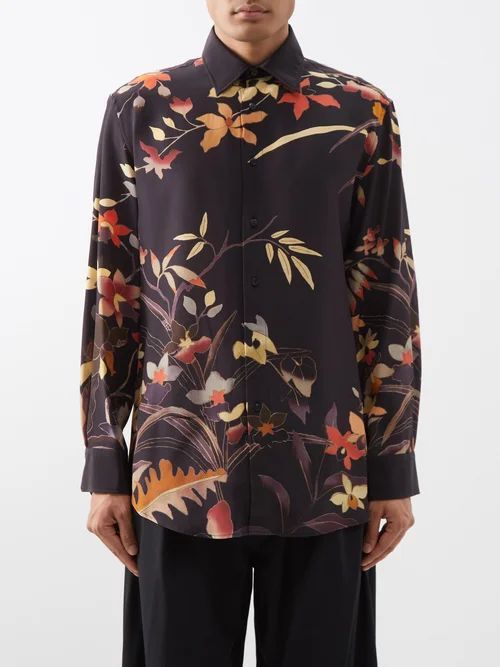 Floral-print Silk Shirt - Mens - Black Multi