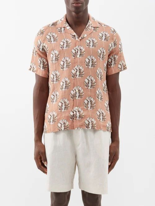 Roberto Leaf-print Linen Shirt - Mens - Brown Multi