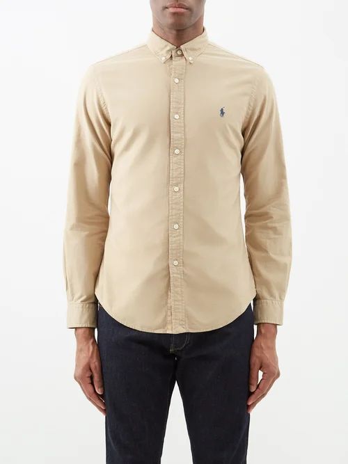 Logo-embroidered Cotton-oxford Shirt - Mens - Beige
