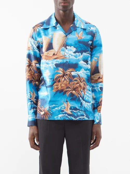 Hawaiian-print Silk-twill Shirt - Mens - Blue Multi