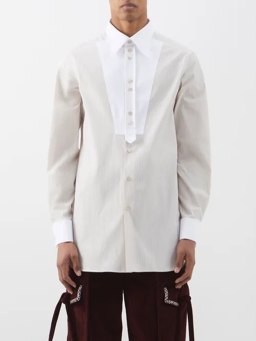 River Bib-front Cotton-poplin Tunic Shirt - Mens - Beige White