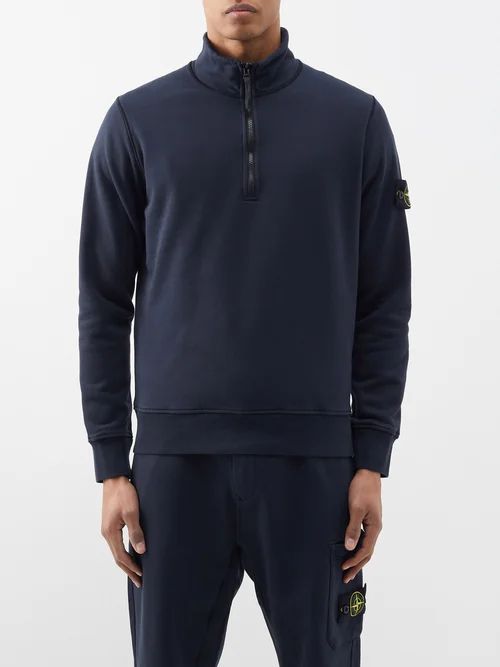 Stand-collar Quarter-zip Cotton-jersey Sweatshirt - Mens - Blue Navy