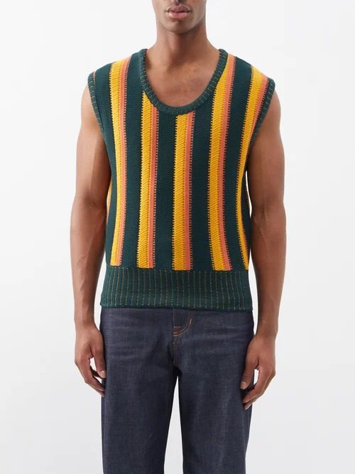 Roots Striped Cotton Sweater Vest - Mens - Black Yellow