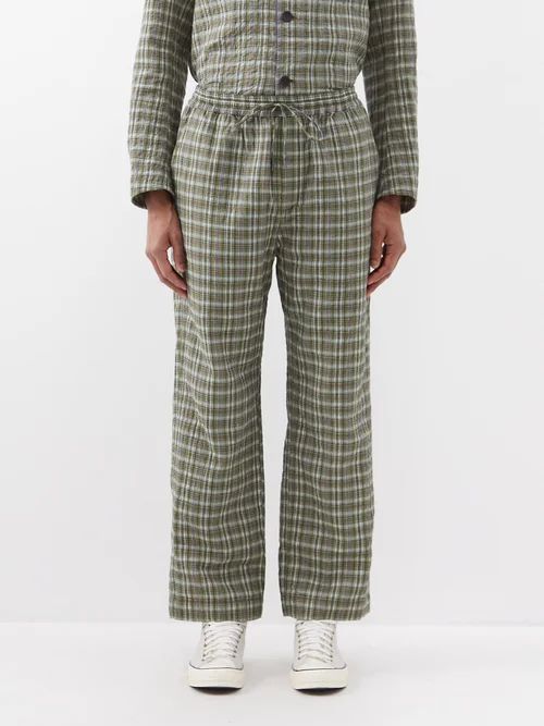 Drawstring Plaid Cotton Trousers - Mens - Green