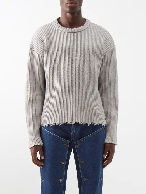 Frayed-edge Ribbed Cotton-blend Sweater - Mens - Grey
