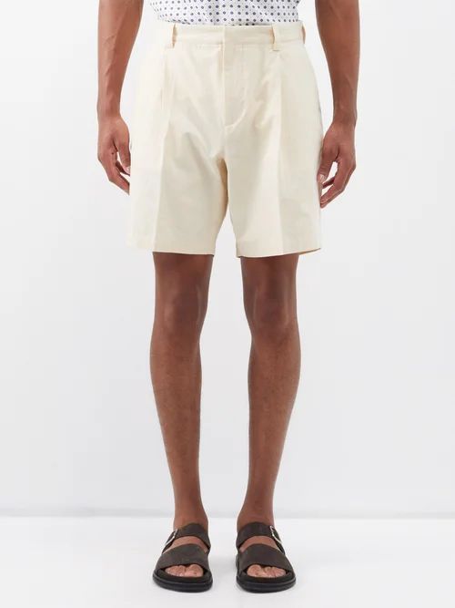 Aston Pleated Cotton Shorts - Mens - Beige