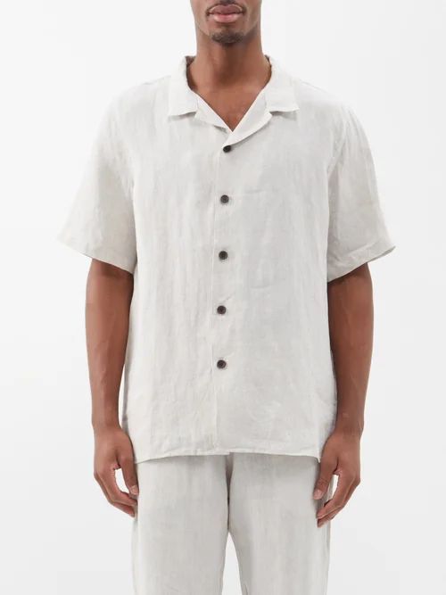 Cuban-collar Linen Shirt - Mens - Beige