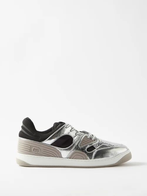 Basket Panelled Leather Trainers - Mens - Grey White