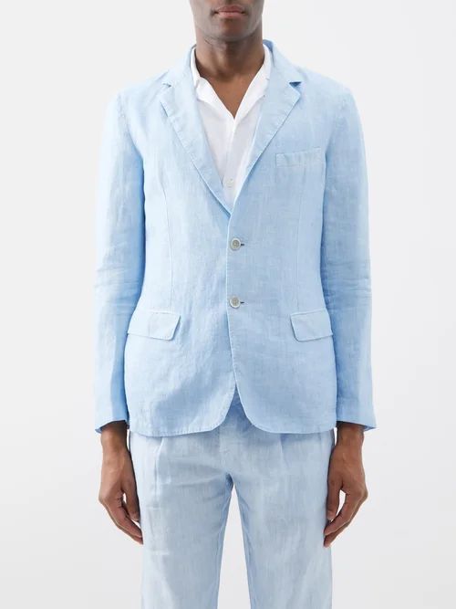 120% Lino - Single-breasted Linen-hopsack Suit Jacket - Mens - Light Blue