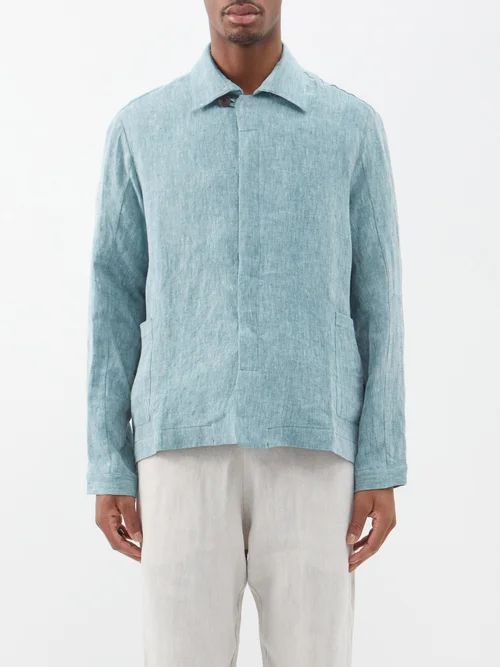 Linen Overshirt - Mens - Grey Light Blue