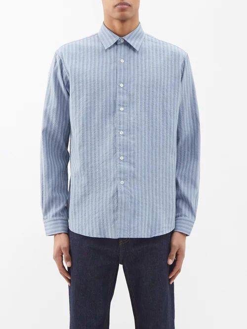 Striped Linen-blend Shirt - Mens - Blue