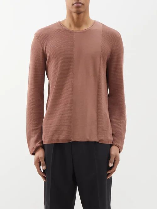 Panelled Waffle-knit Cotton Long-sleeved T-shirt - Mens - Pink