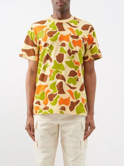 Patch-pocket Camo-print Jersey T-shirt - Mens - Beige