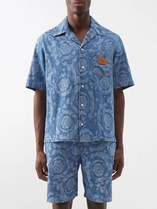 Floral-jacquard Denim Short-sleeved Shirt - Mens - Blue