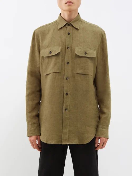 Flap-pocket Linen Shirt - Mens - Brown