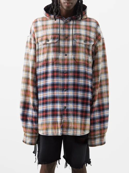Oversized Check-flannel Hooded Shirt - Mens - Red White