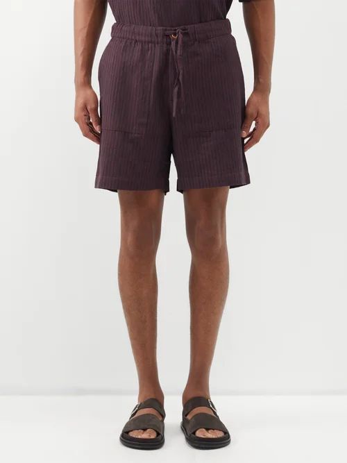 Drawstring-waist Pinstriped Cotton Shorts - Mens - Burgundy